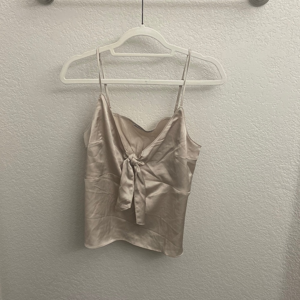 Champagne Satin Front Tie Blouse